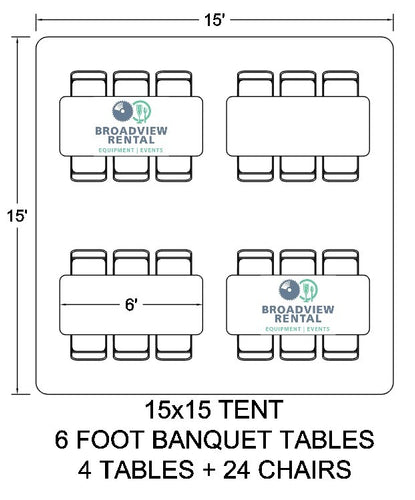 A mock up of a layout for a 15x15 tent that has seating for 24 in Broadview Heights, OH.