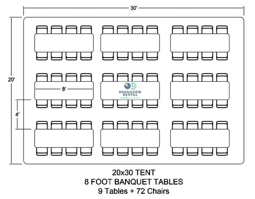 A seating layout using rectangular tables in a 20 x 30 tent in Cleveland.