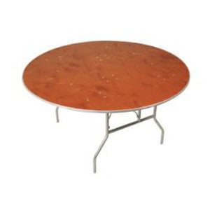 60 round wood table seating 8 people that is perfect for weddings and social events and available to rent in Cleveland and Akron. 