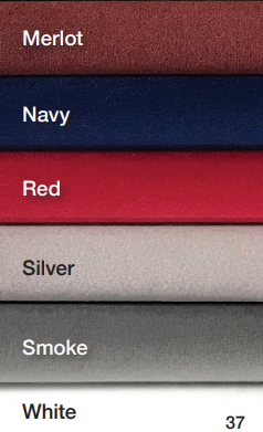 Merlot, Navy, Red, Silver, Smoke and White velvet linen options. 