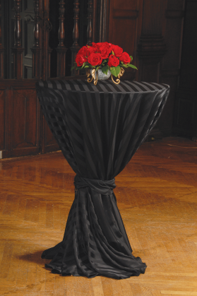 Black imperial stripe linens on a cocktail table.