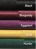 Black, Burgundy, Eggplant, Gold and Hunter colored striped linens.