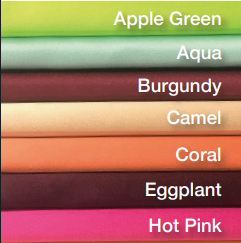 Apple Green, Aqua, Burgundy, Camel, Coral, Eggplant, Hot Pink satin linen colors.
