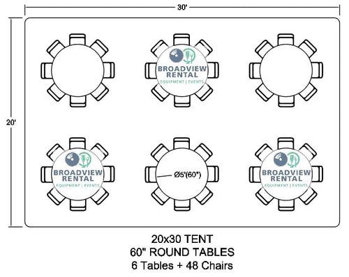 A 20x30 seating chart using round tables for tent rentals in Cleveland.