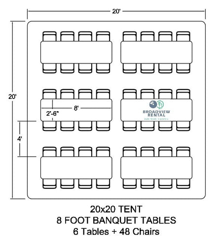 A 20x20 seating layout using rectangular tables for tent rentals in Akron.
